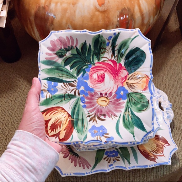 Italian Majolica Cake Set Platter/6 Plates Renaissance Revival Faïence Nove Rose - Picture 5 of 6